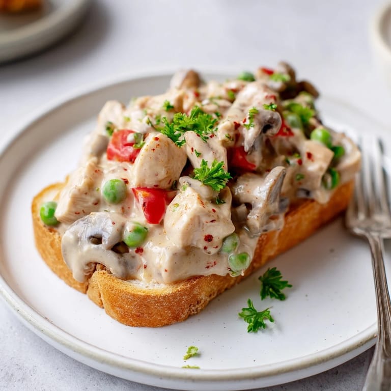 Delicious Chicken à la King served warm atop buttery, crispy toast slices.  