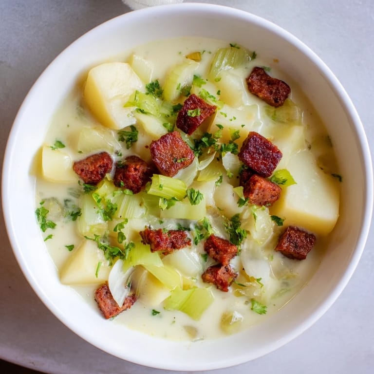 A steaming bowl of comforting Potato, Leek & Chorizo Soup, garnished with fresh parsley.