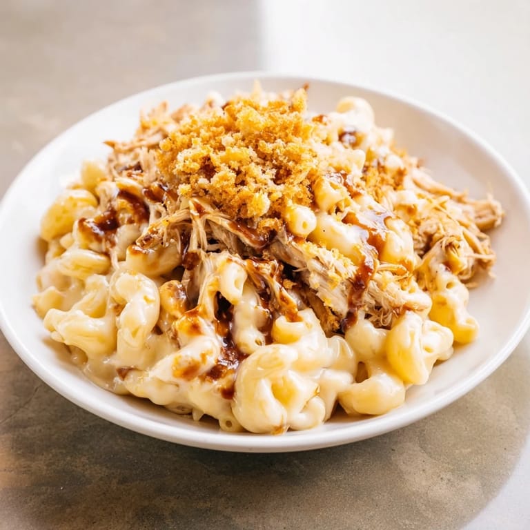 A hearty baked Classic Mac & Cheese with BBQ Chicken, combining creamy pasta with tender, seasoned chicken.