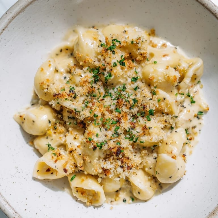 Rich and creamy Truffle Macaroni & Cheese, garnished and awaiting its taste test in a baking dish.