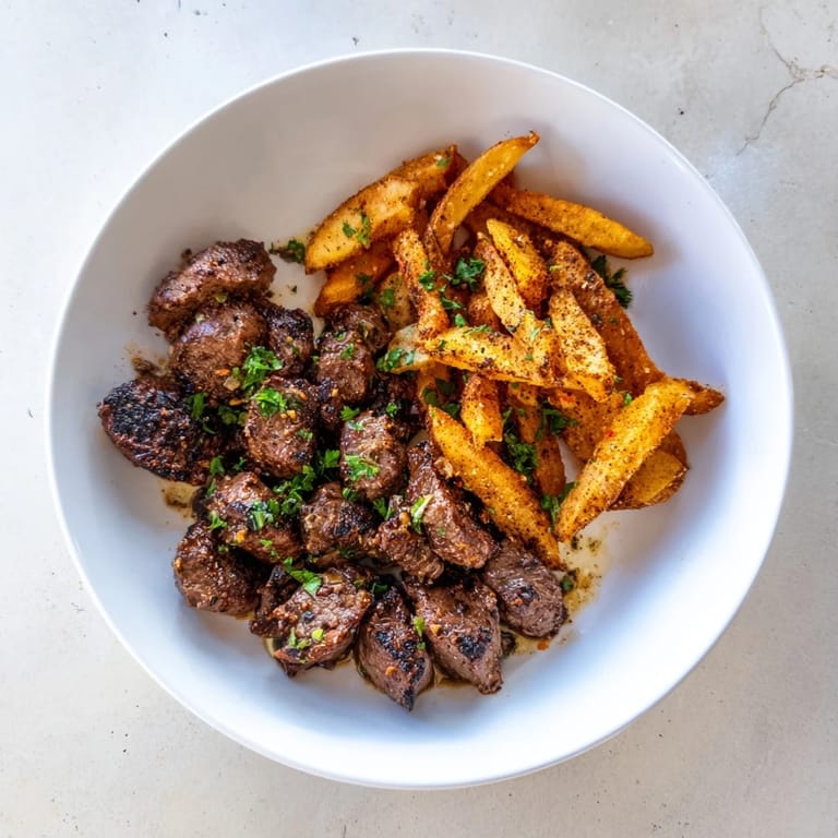 A plate of delicious Blackened Cajun Steak Bites, served beside a generous portion of hot, crispy fries.