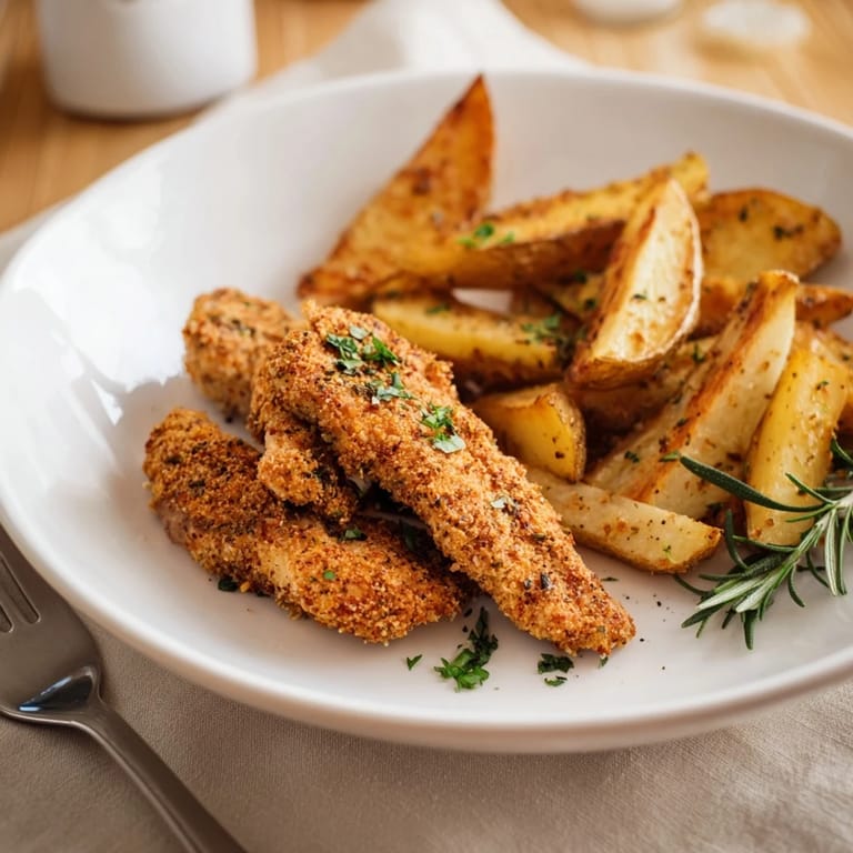 A plate of freshly cooked herbed chicken tenders and potato wedges, offering a savory, satisfying aroma.