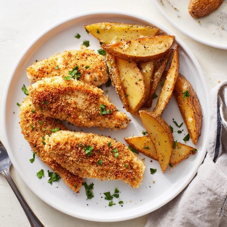 Close-up of juicy herbed chicken tenders, contrasting with perfectly seasoned, golden-brown potato wedges.