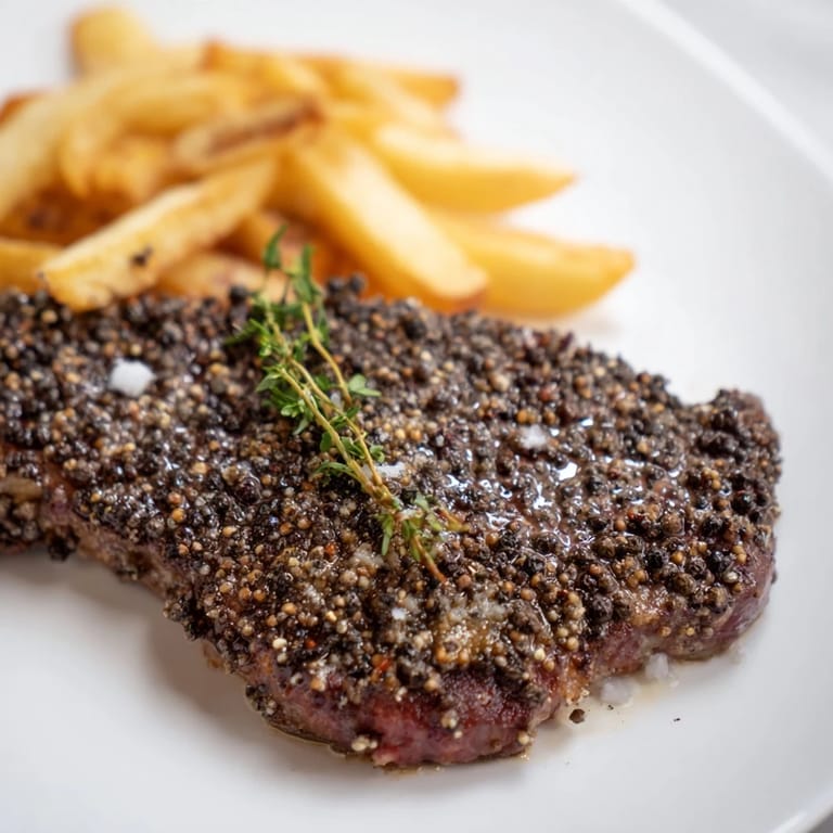 A close-up of a perfectly seared Classic Peppercorn Ribeye, glistening and ready to enjoy with fries.