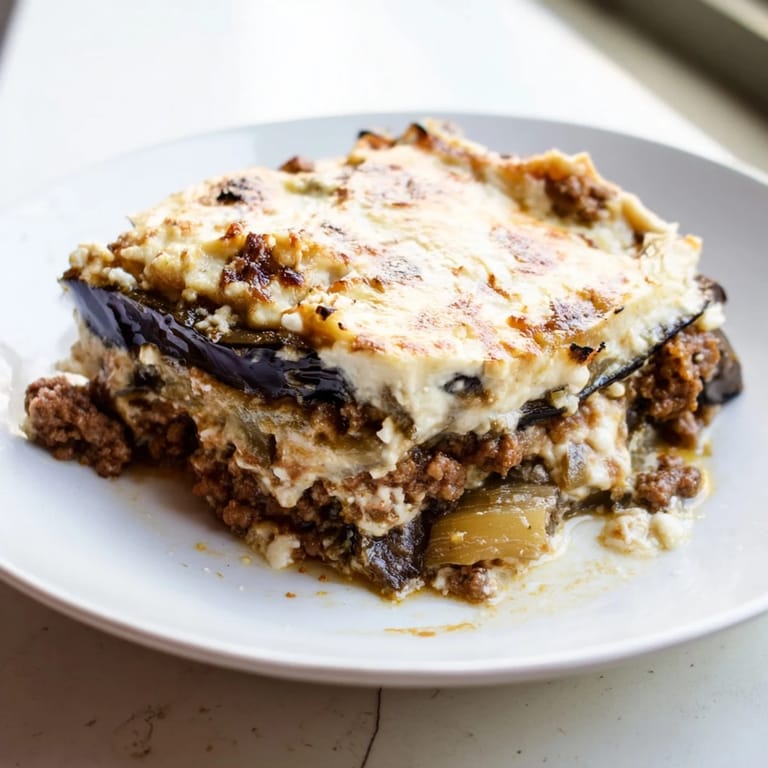 A close-up of a steaming Moussaka, showcasing the rich layers of beef and sauce.