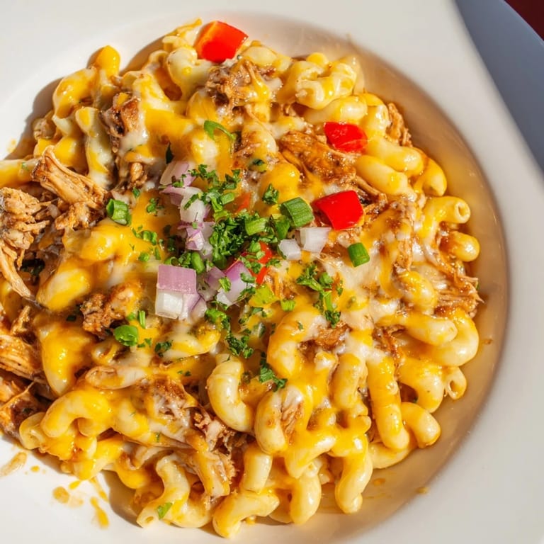 A close-up of a flavorful BBQ Rib Macaroni Skillet, promising savory mac and cheese bliss.