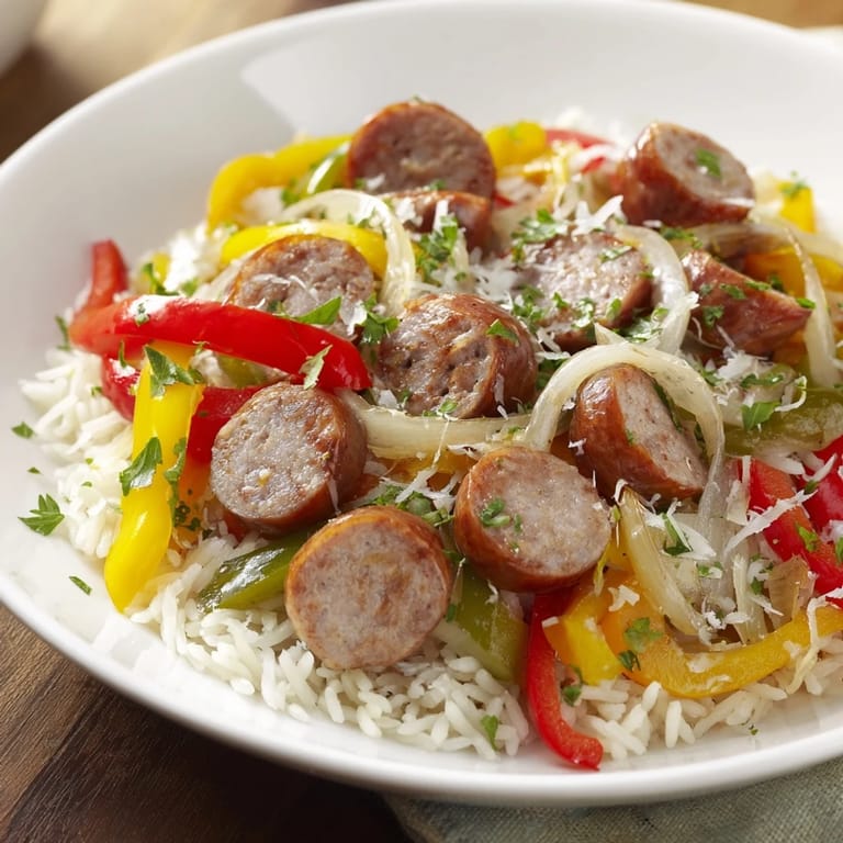 Golden Italian sausage slices nestled in a vibrant Italian sausage and peppers rice plate with herbs.