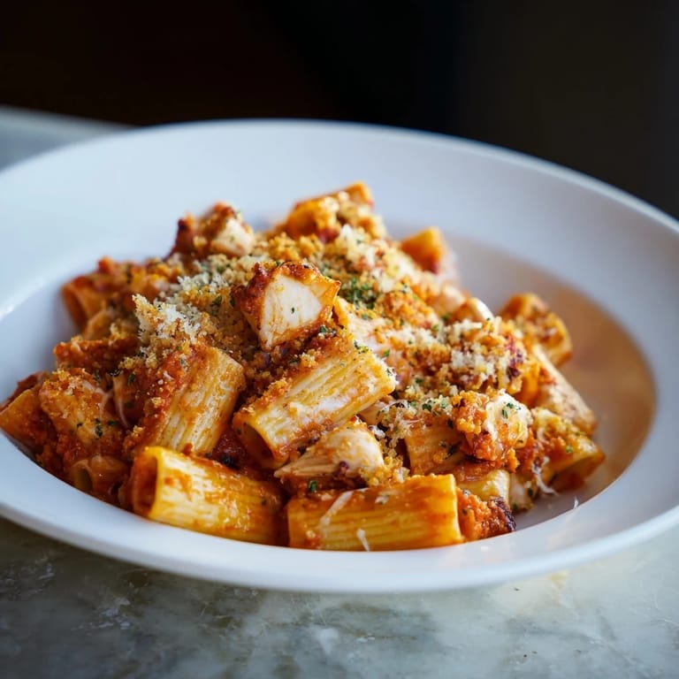 A close-up of cheesy Baked Chicken Parmesan Pasta, with a crispy breadcrumb and mozzarella topping.