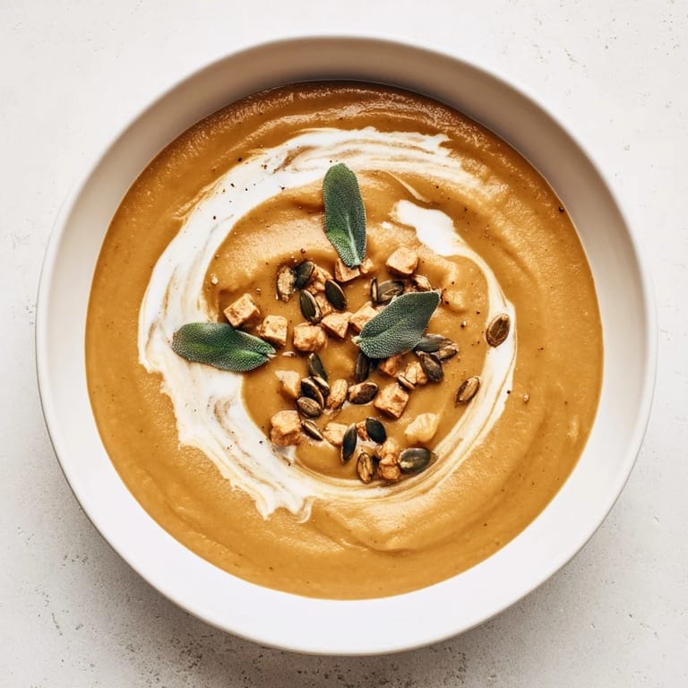 Thick and velvety Chickpea, Pumpkin & Sage Soup, perfect for a vegan, gluten-free, fall dinner.