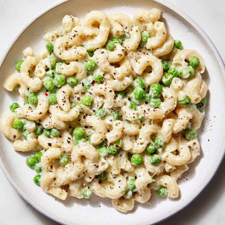A hearty helping of homemade Macaroni & Peas, perfect for a quick and simple meal.