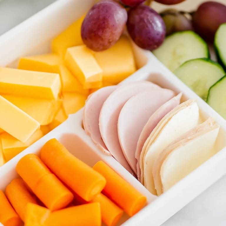 Homemade DIY Lunchables Tray with sliced turkey, ham, cheddar, and grapes, ready to enjoy.