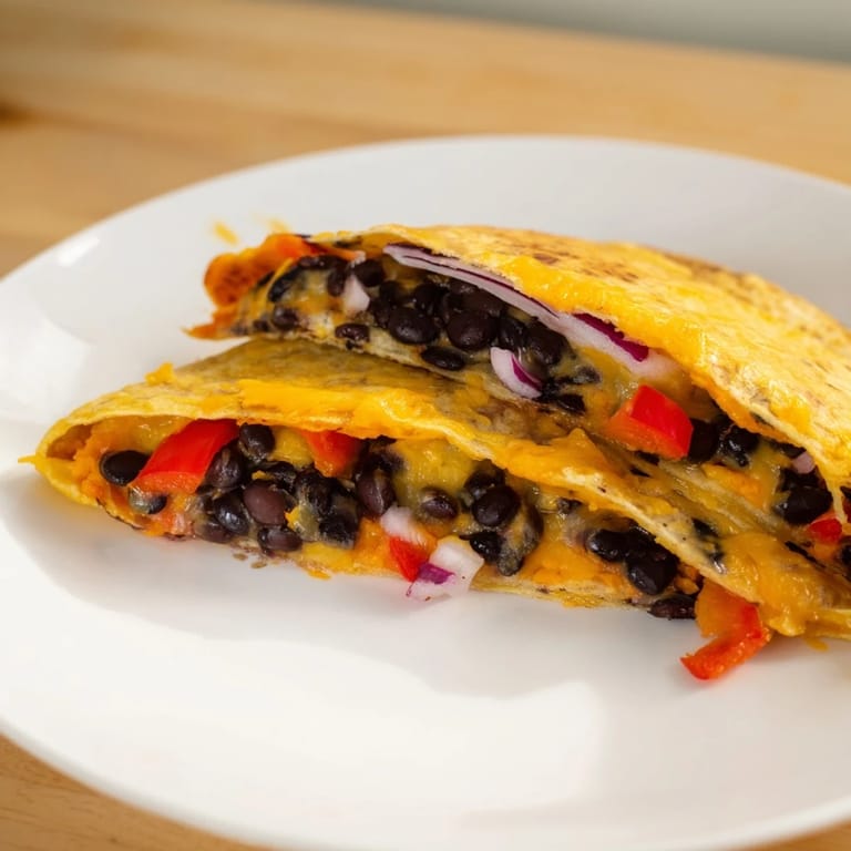 A close-up of a cheesy tortilla wrap hack, filled with black beans and spices, fresh from the oven.