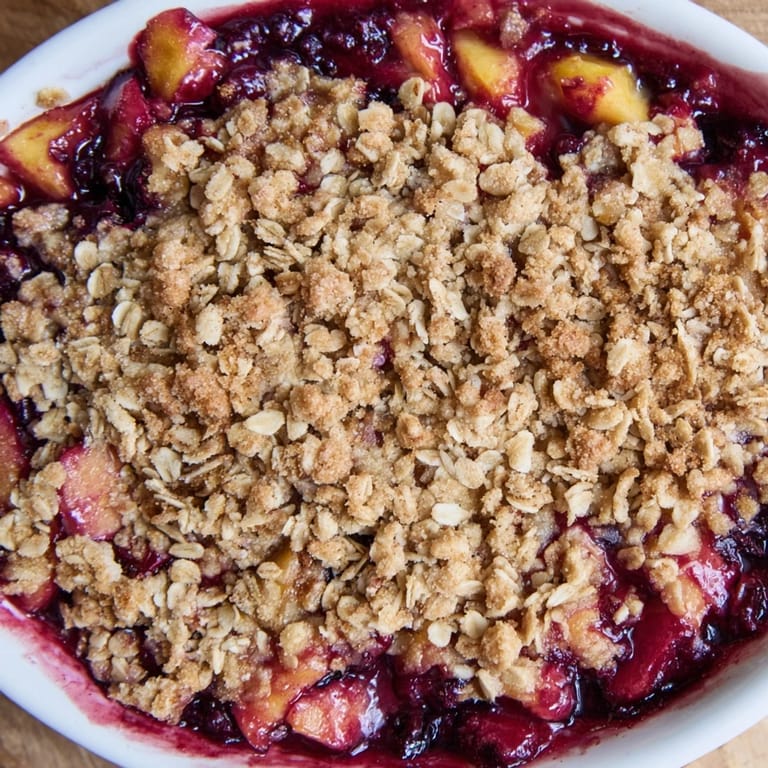 A close-up photo of fruit crisp, showing the sweet, bubbling fruit filling under a crunchy oat crumble.