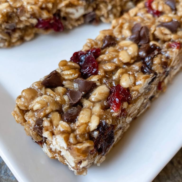 A stack of homemade granola bars, speckled with chocolate chips, ready for a healthy treat.