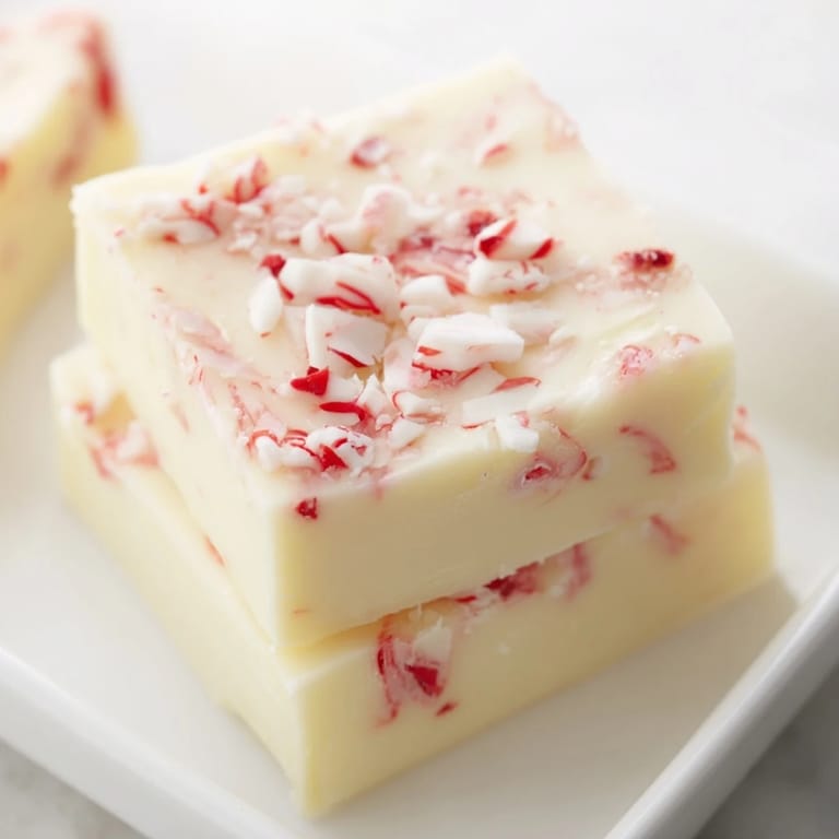 Beautifully arranged squares of White Chocolate Peppermint Bark Fudge, a perfect, giftable sweet treat with minty flavor.