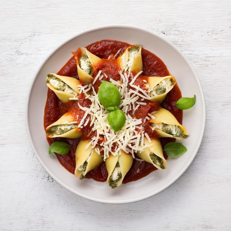 Golden brown Pesto and Ricotta Stuffed Shells, a delicious aroma, ready to serve with fresh basil garnish.