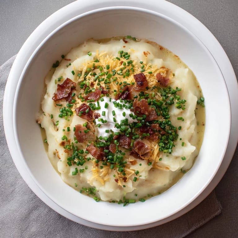 Freshly ladled The Ultimate Baked Potato Soup, garnished with crumbled bacon and a swirl of sour cream.