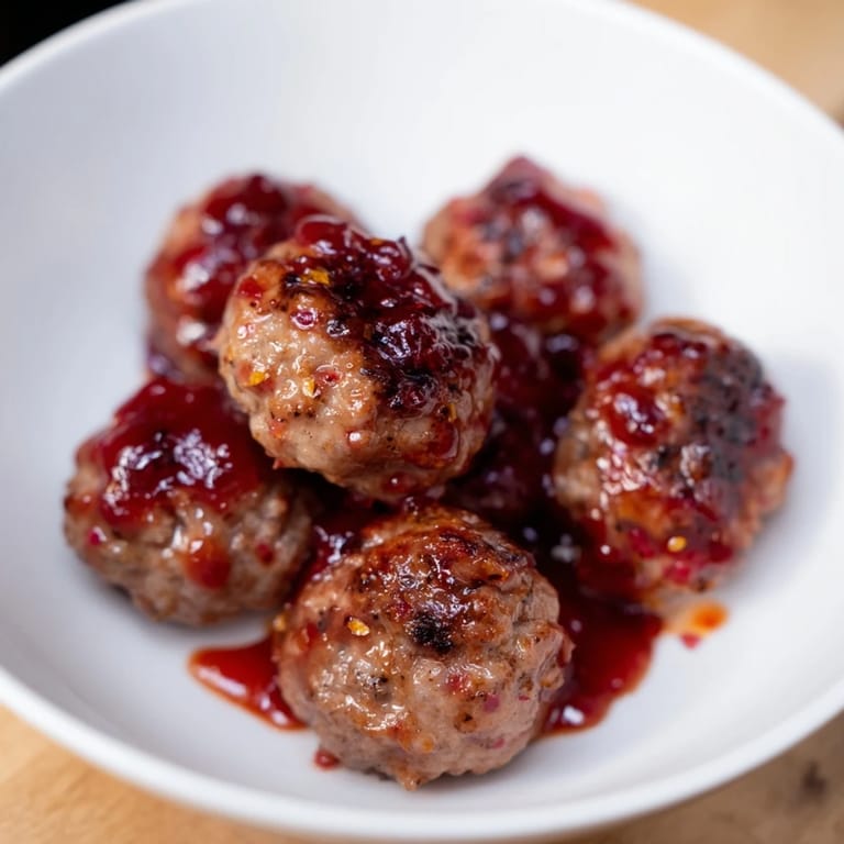 Close-up of tender, cherry-glazed meatballs, showcasing the juicy texture and vibrant red glaze.