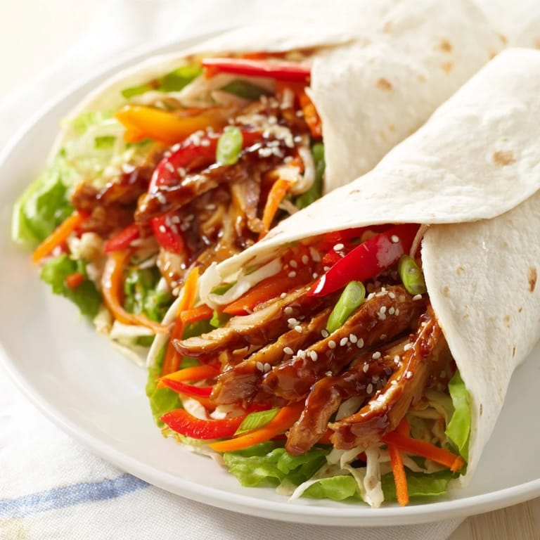 A close-up of a delicious teriyaki chicken wrap, showing juicy chicken and fresh fillings.