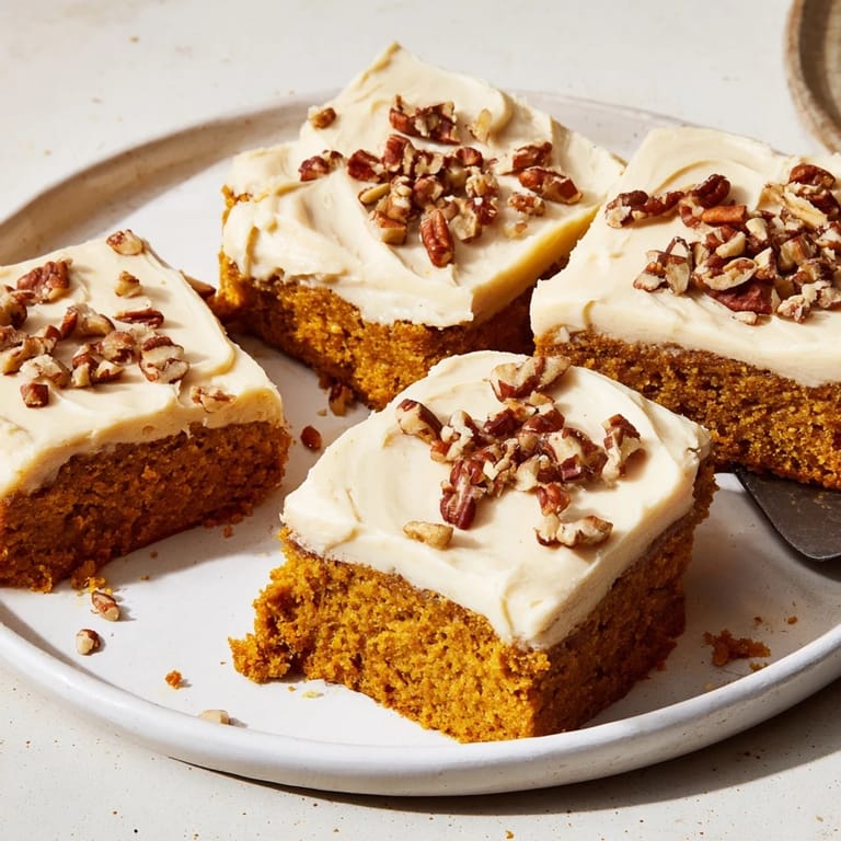 These freshly baked pumpkin bars, smothered in brown sugar frosting, await your enjoyment and taste.