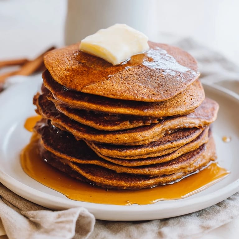 Freshly made Gingerbread Pancakes, featuring soft, pillowy textures perfect for a festive meal.