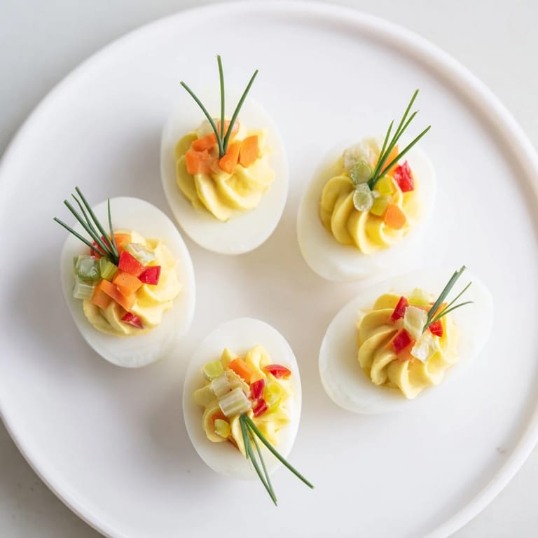 Colorful close-up of delicious festive deviled egg ornaments, perfect for your holiday appetizer table.