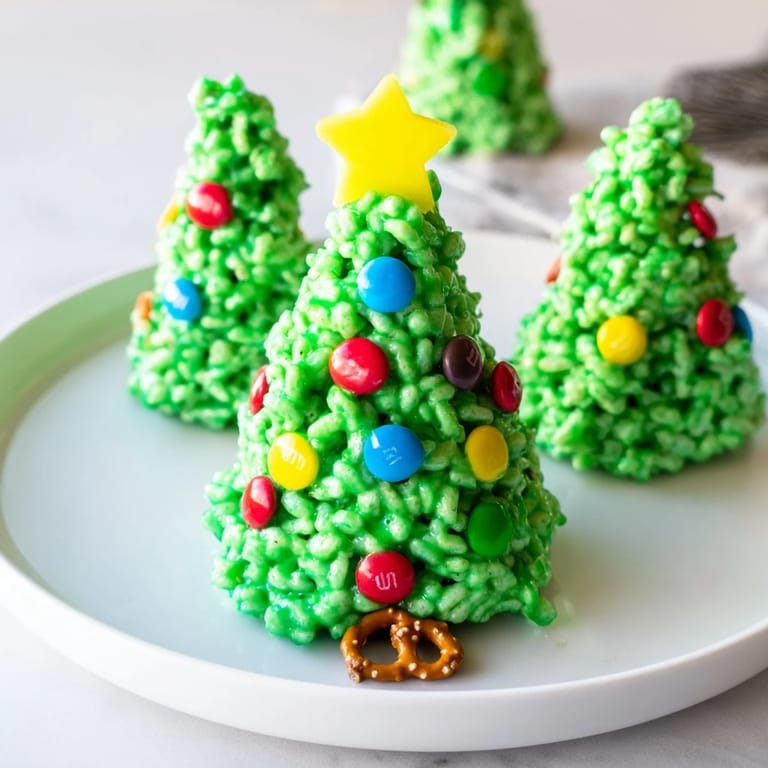 Close-up of freshly made Christmas Tree Rice Crispy Treats, perfectly cone-shaped treats on parchment paper.