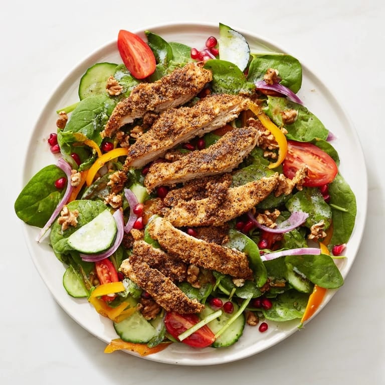 Warm Holiday Black Pepper Chicken & Yogurt Salad, topped with pomegranate seeds and creamy yogurt dressing.