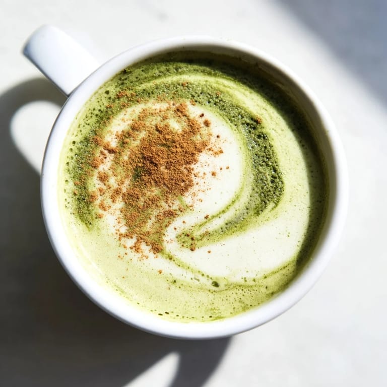 A vibrant green, frothy Cinnamon Maple Oat Milk Matcha Latte, garnished with cinnamon, ready to enjoy.