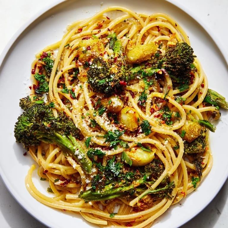 This plate of Roasted Garlic Lemon Broccoli Angel Hair Pasta is perfect for a light vegetarian meal.