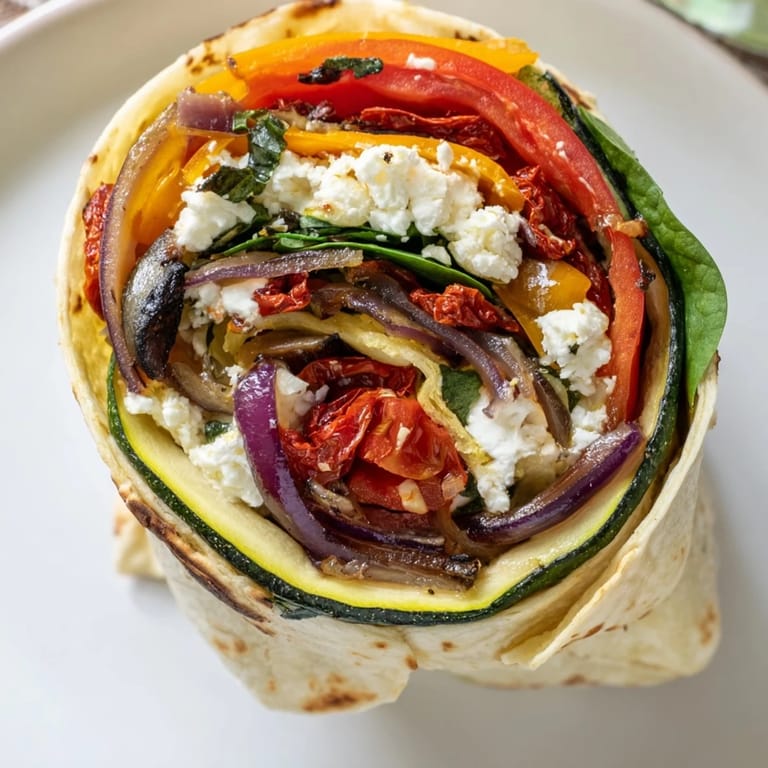 Close-up of freshly sliced Roasted Veggie & Feta Santa Wrap, perfect for a vibrant vegetarian lunch!