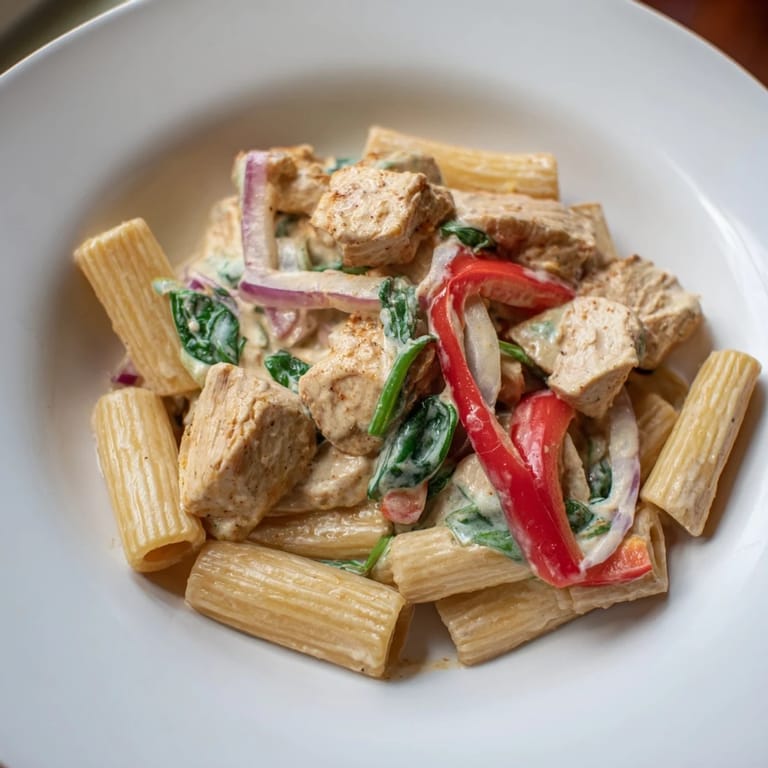 Whole-wheat penne with creamy Cajun Dirty Snow Chicken Pasta, steaming hot and ready to serve.