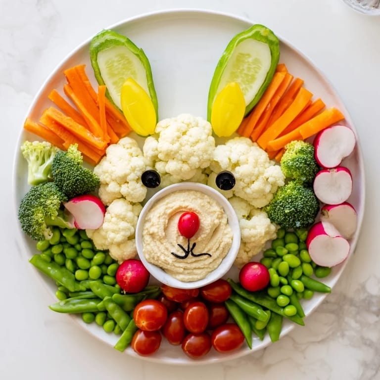 This Bunny Meadow Veggie Board features a whimsical arrangement of fresh vegetables, ready to enjoy.