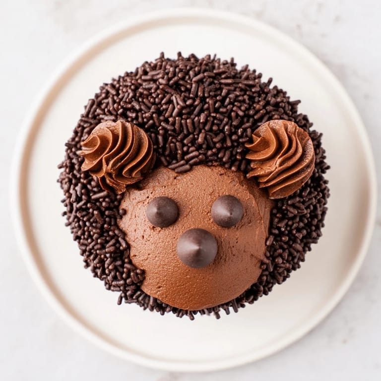 Close-up on a charming hedgehog cupcake tower, showcasing chocolate sprinkles and almond spikes.