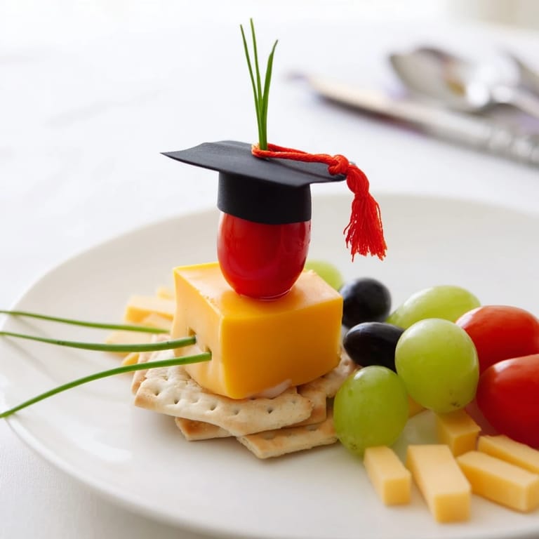 Vibrant Graduation Cap Platter displays a square cracker "mortarboard" with colorful graduation party snacks, delicious and fun.