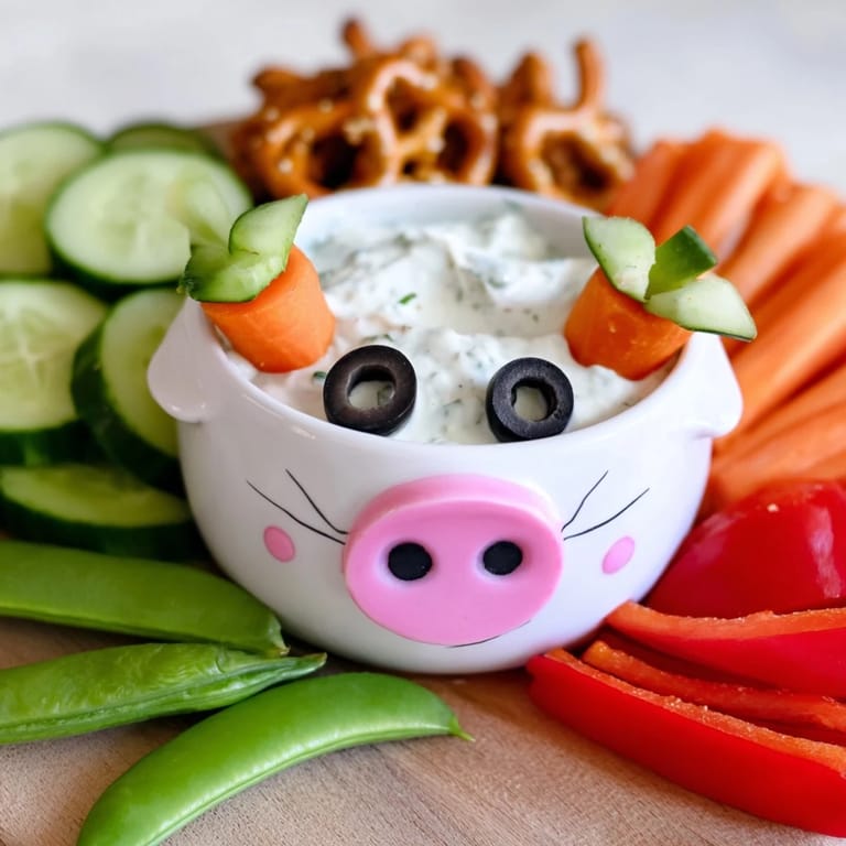 Fresh veggie dippers and a creamy dip served in a homemade piggy face bowl.
