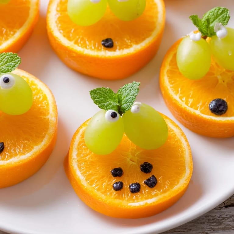 See vibrant orange Pumpkin Patch Orange Slices decorated with green grape stems, a cheerful snack.