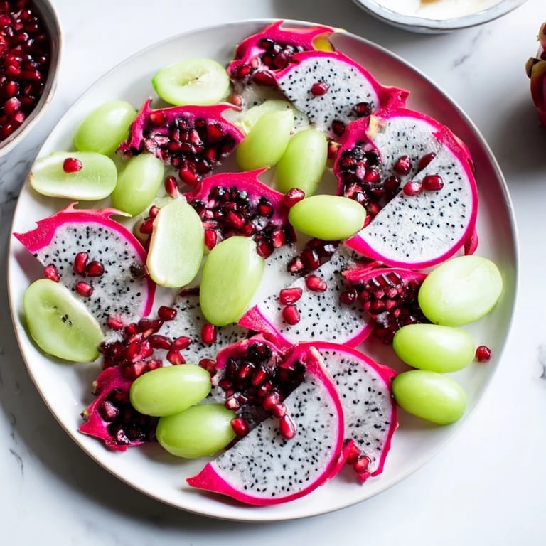 Vibrant Dragon Scales Fruit Board overflowing with sweet, juicy fruits and creamy yogurt-chocolate dips.