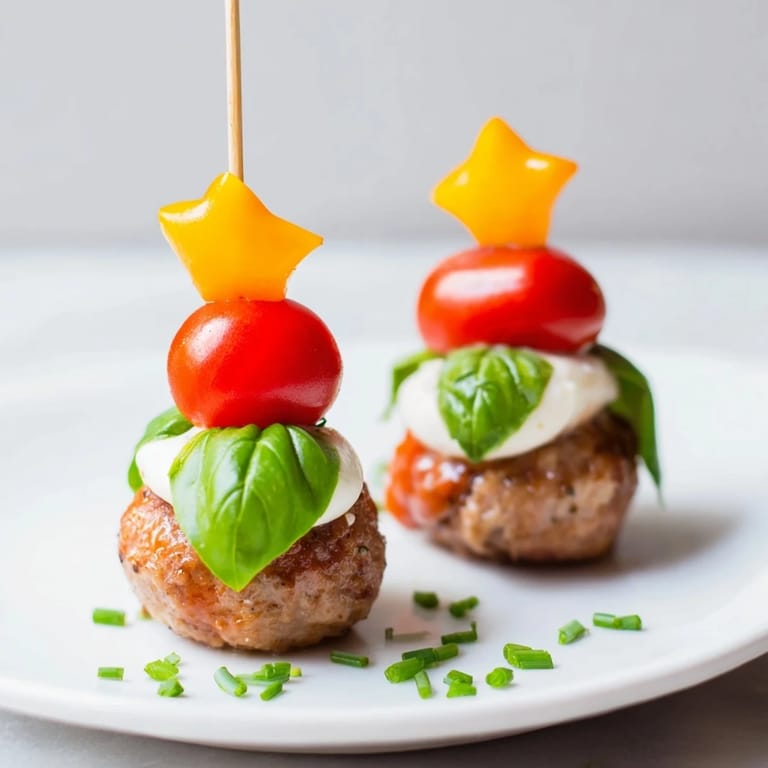 Savory Mini Meatball Christmas Trees ready to be devoured, with fresh basil and cherry tomatoes as cheerful decorations.