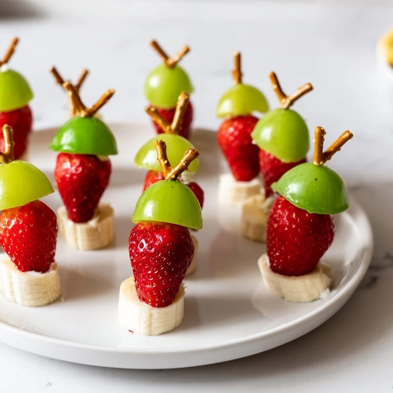 These simple Elf Hat Strawberry Skewers showcase fresh strawberries, grapes, an easy kids' snack idea.