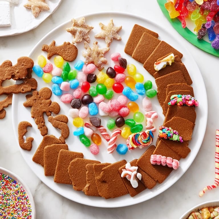 Serve a cheerful Candy Land Gingerbread Path dessert board with cookies, candies, and vanilla frosting.