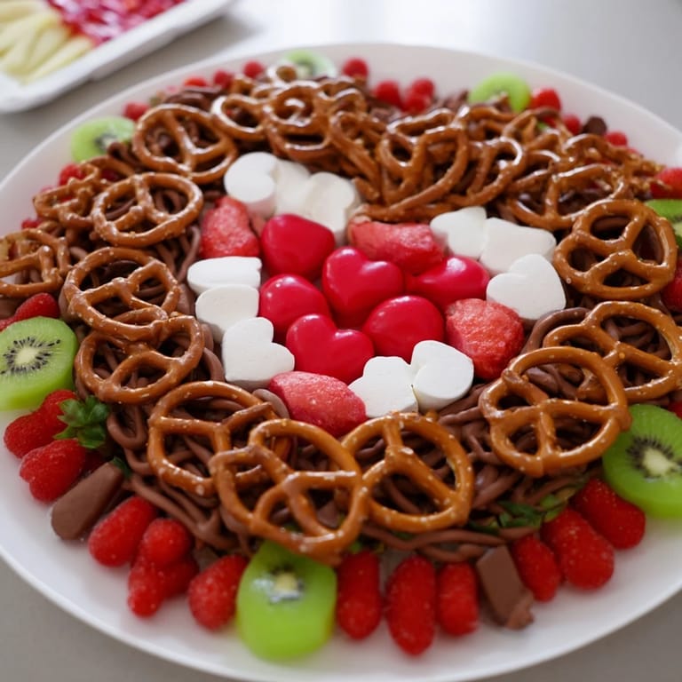 A festive Grinch's Heart Pretzel Board with pretzels, fruits and candy, a visually fun snack.