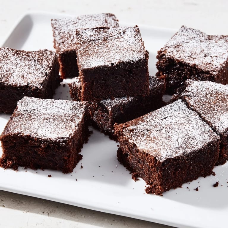 Freshly baked brownie squares, cut and dusted with powdered sugar, a delightful American treat.