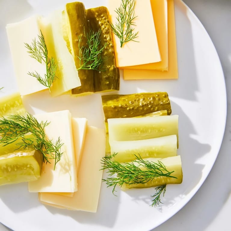 Fresh dill sprigs garnish the vibrant Dill Pickles and Sliced Cheese, a quick and tasty snack.