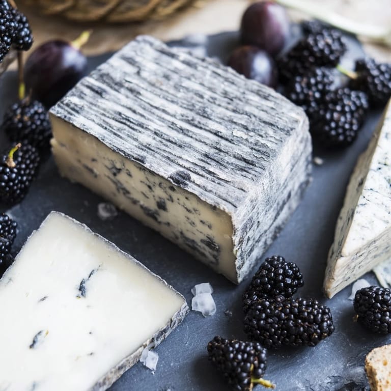 This decadent Monochrome Gray Stone Cheese Board features the alluring contrast of dark cheeses and crackers.