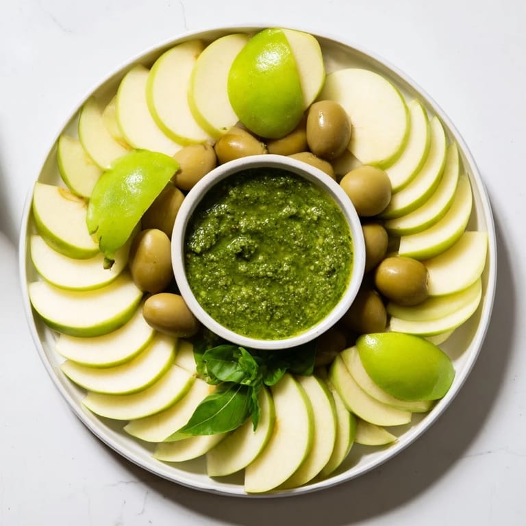 Picture this delicious Emerald City appetizer, with bright green pesto, served on a wooden board.