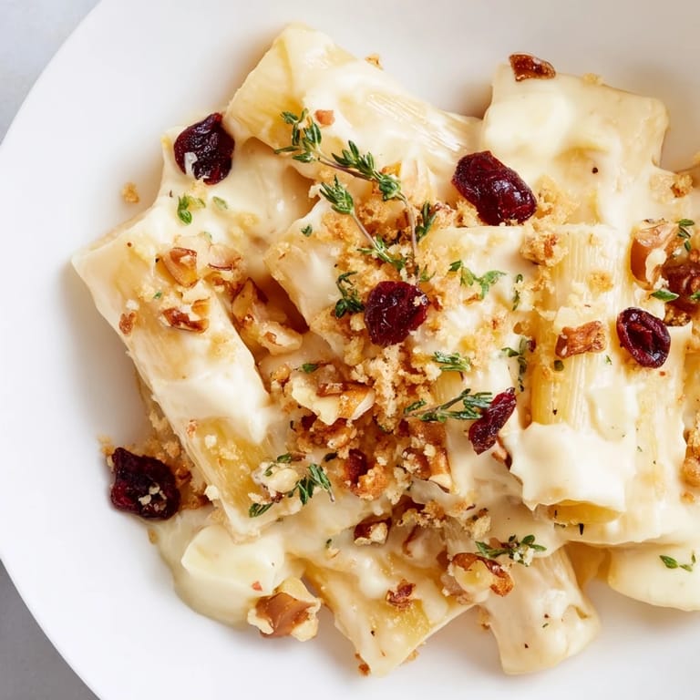 A close-up of holiday Cranberry and Brie Tartlet Pasta, showcasing the melted cheese and sweet cranberries.