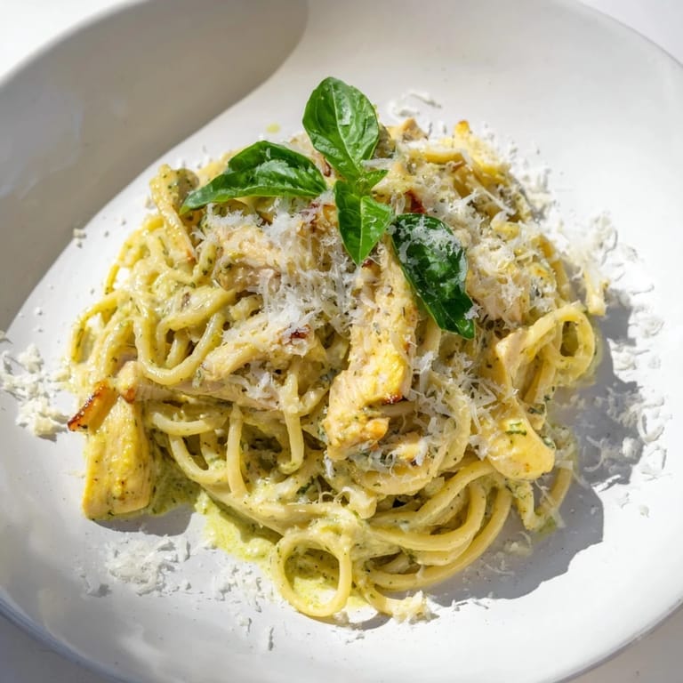 Creamy pesto sauce coats perfectly cooked Pesto Egg and Chicken Pasta, topped with fresh basil and Parmesan.