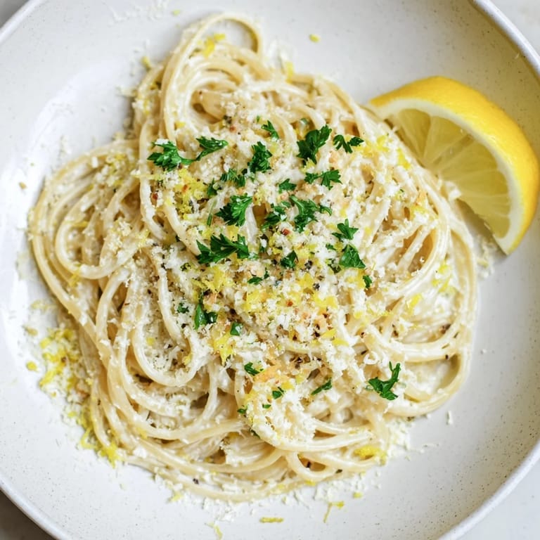 This vibrant bowl of Lemon-Garlic Greek Yogurt Pasta showcases the glossy sauce enveloping the pasta.