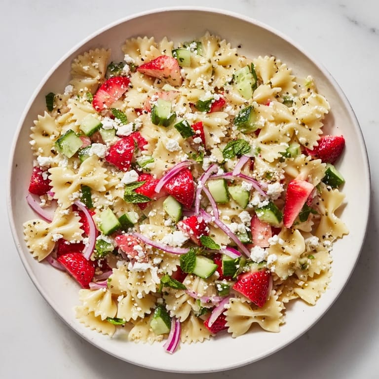 Chilled Strawberry Feta Pasta, featuring juicy strawberries and a tangy yogurt dressing.